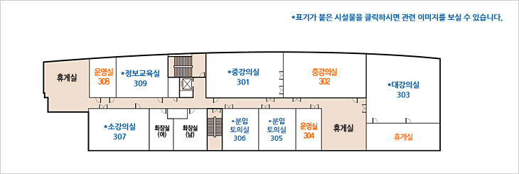 운영실, *정보교육실, *중강의실, *대강의실, *소강의실, *분임토의실, 운영실, 비지니스실 *표기가 붙은 시설물을 클릭하시면 관련 이미지를 보실 수 있습니다.