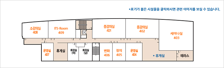 배구단사무실, *스마트워크센터, 중강의실, *세미나실, 운영실, *휴게실, *변화, *창의, 화장실 *표기가 붙은 시설물을 클릭하시면 관련 이미지를 보실 수 있습니다.